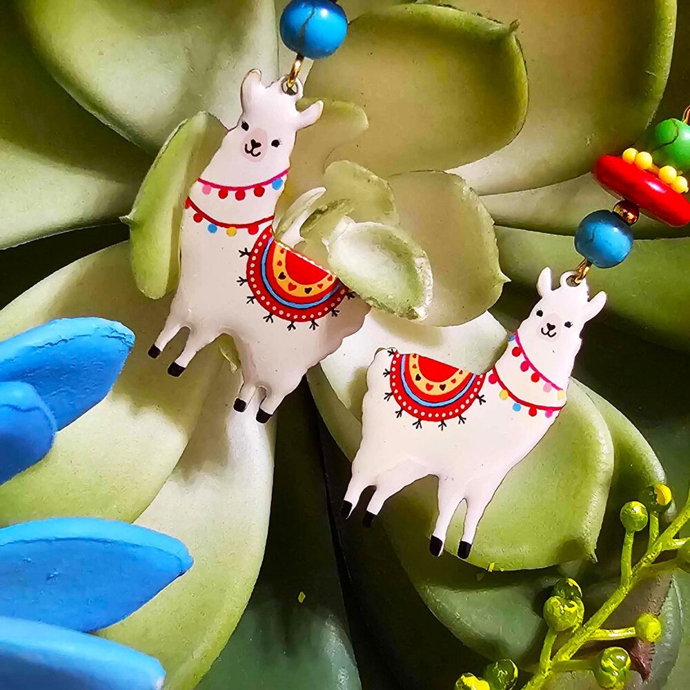 Artisan Earrings. Llamas. Colorful, Beaded. Pierced. - Picture 5 of 7